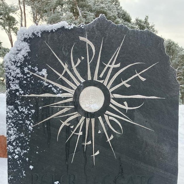 Cold today. Not this cold though! Can you read the beams?
.
#lettercutting #lettercarving #carving #stonecarving #handcarved #calligraphic #letterforms #platinum #platinumleaf #gilded #silversun #winter #winterlight #cumbrian #greyslate #slate #cardo