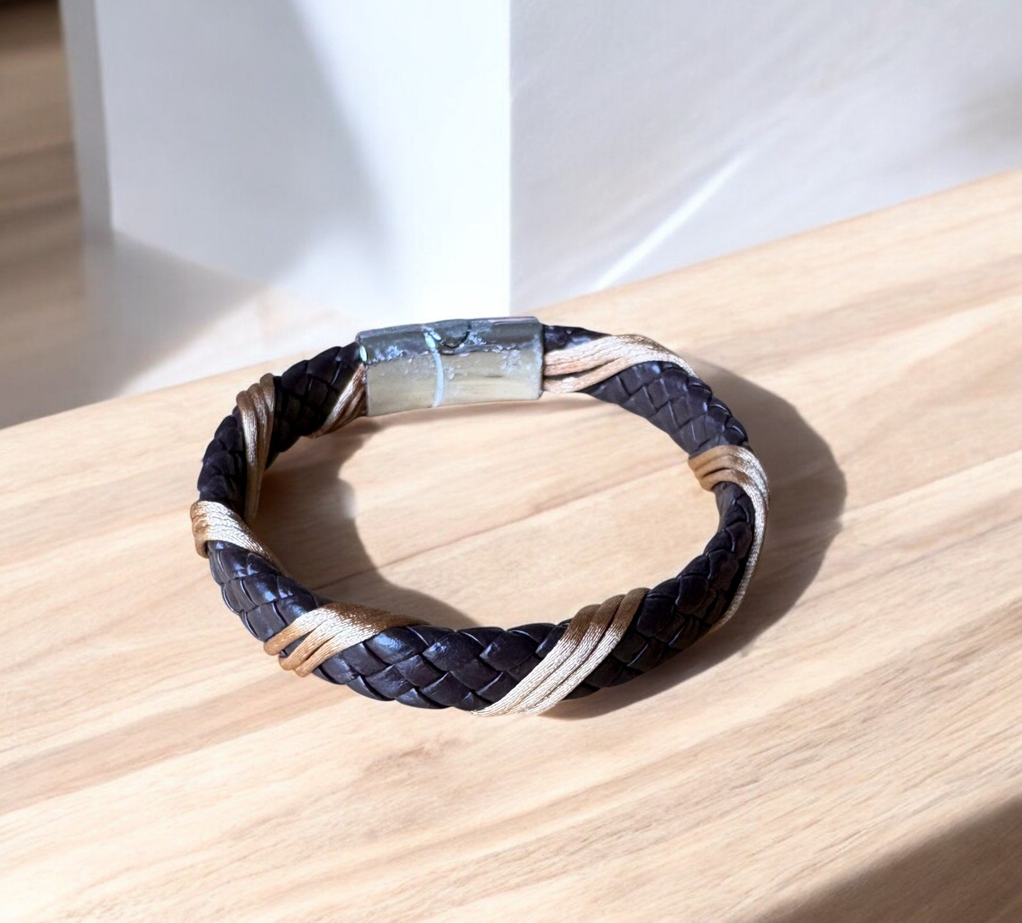 Coconut Brown Braided Leather Bracelet with Gold Leather Cord Detailing