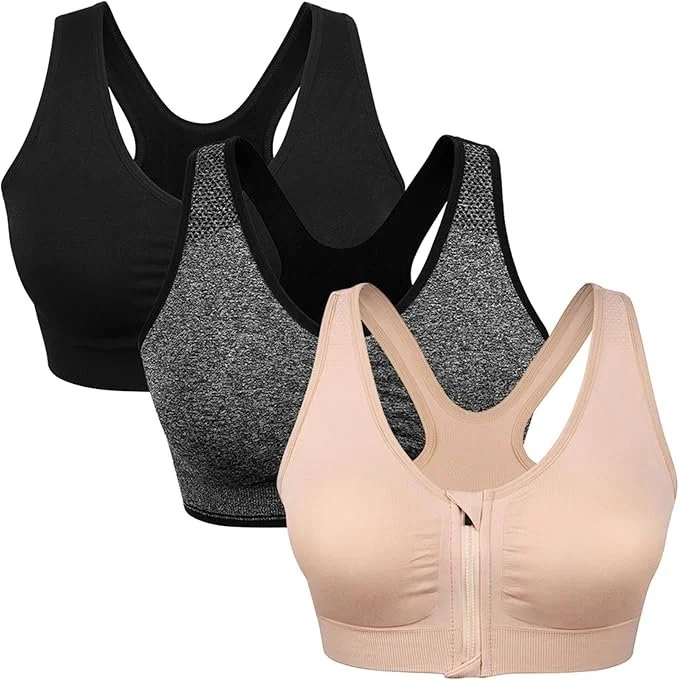 Front closure sports bra for post-mastectomy