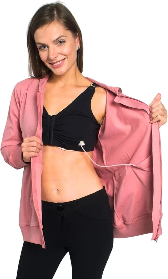 Zip up hoodie with drain pockets after mastectomy