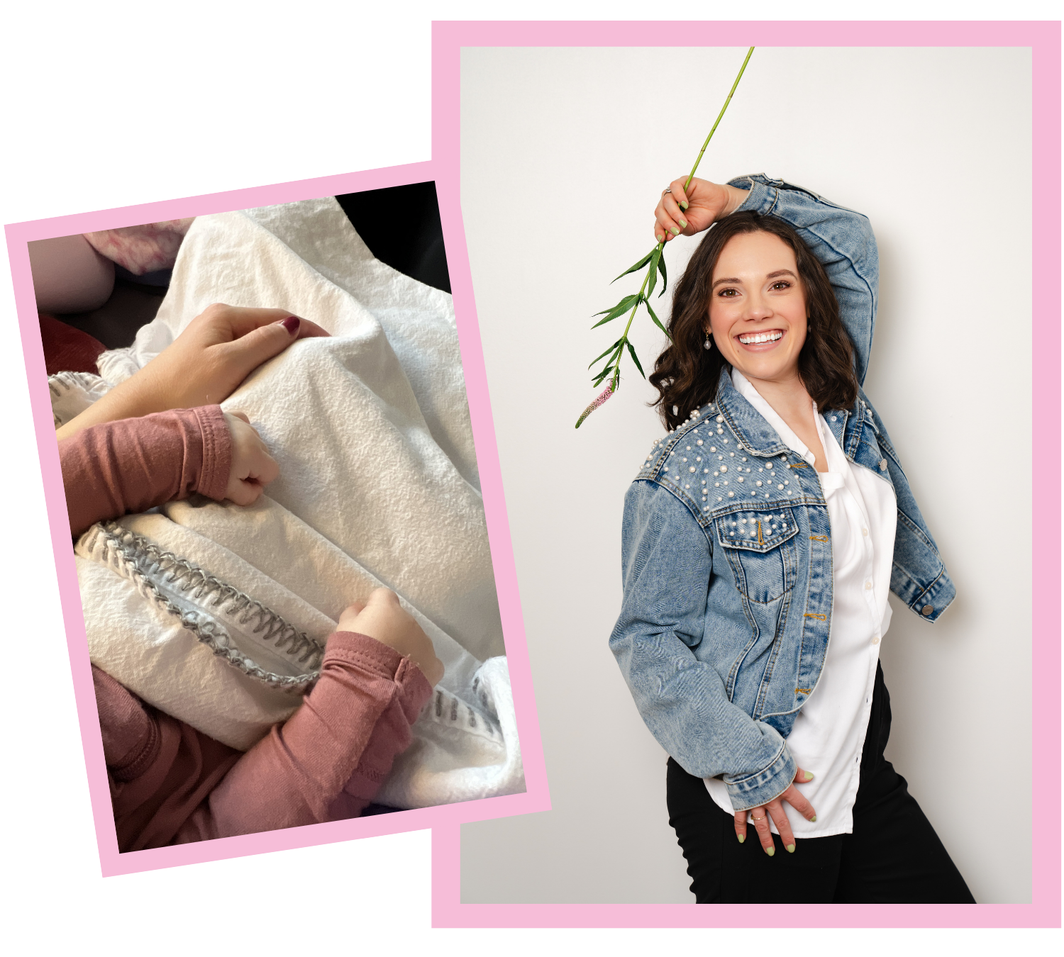 Karley founder of Bud to Bloom wearing denim jacket holding a flower, second photo of baby hands sitting in lap