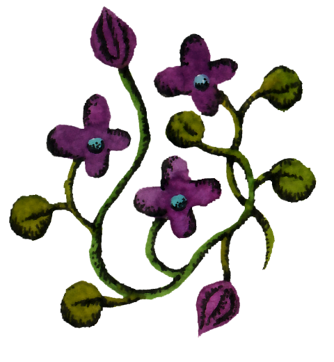 A drawing of purple flowers with green stems and leaves.
