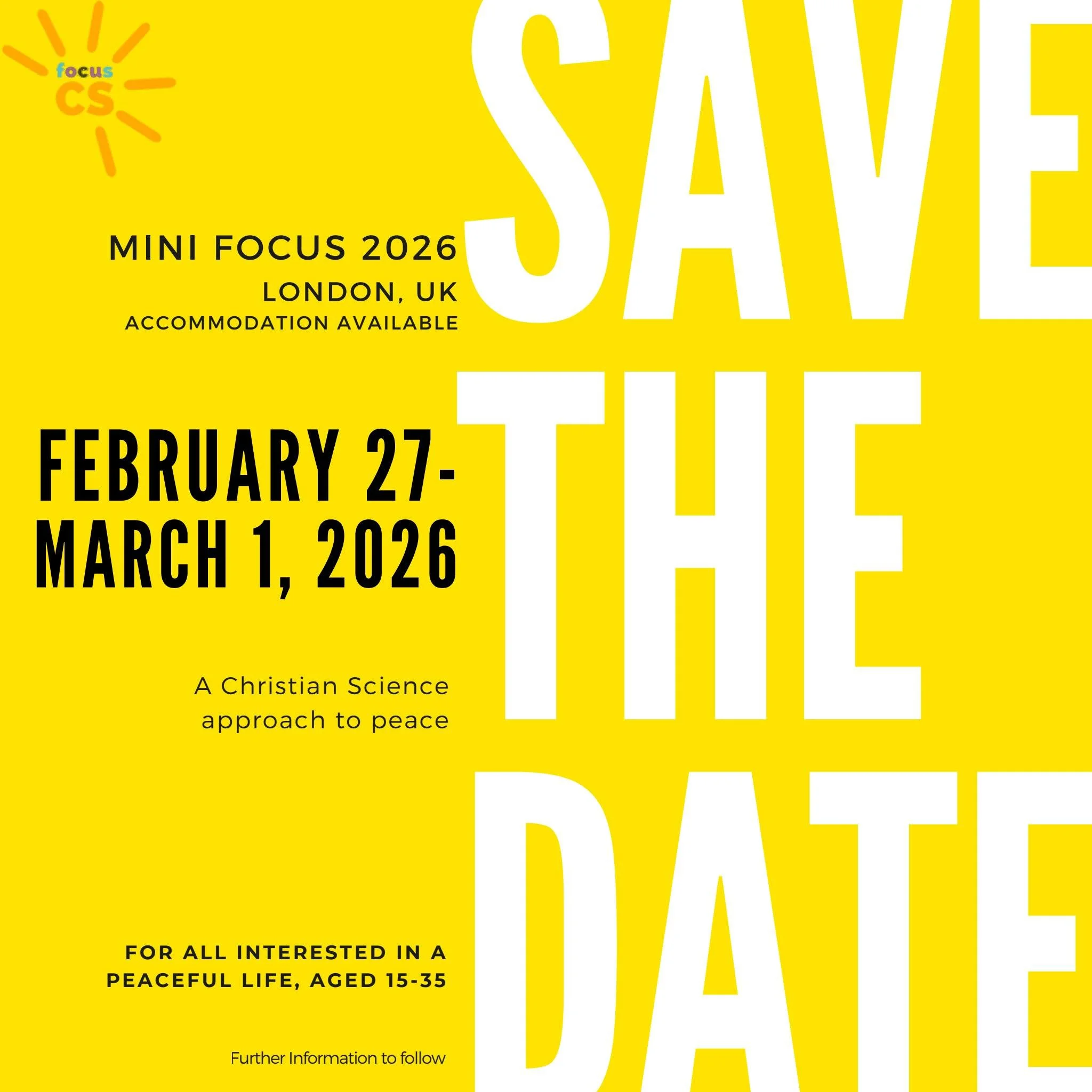 Als Fortsetzung von Focus 2025 findet am 27. Februar bis 1. M&auml;rz 2026 ein Mini- Focus voller Inspiration, Gemeinschaft, Freude &ndash; und einem betenden Blick auf Frieden statt✨🙏

👉 F&uuml;r alle von 15 bis 35 Jahren: https://focuscs.org.uk

