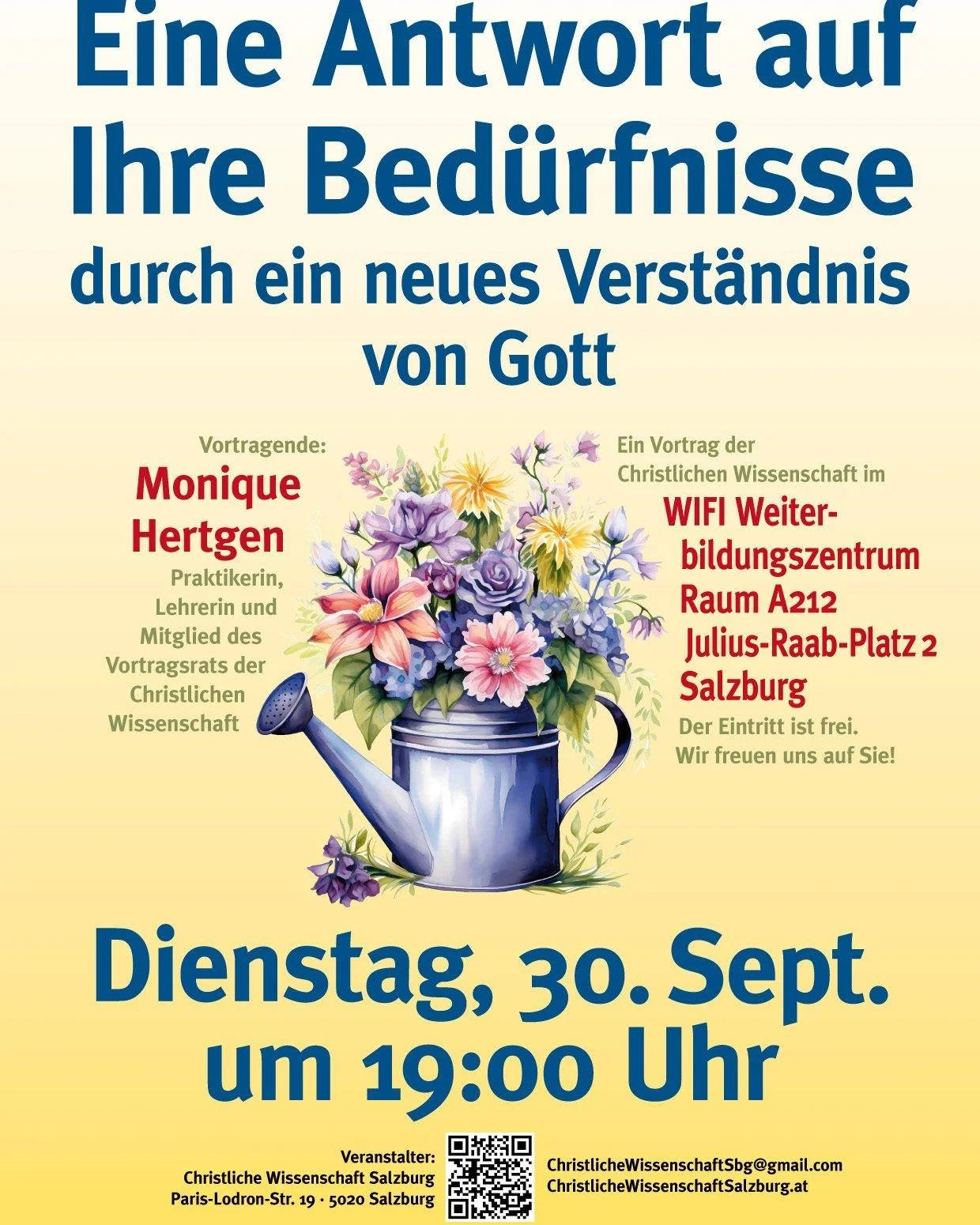Pr&auml;senz-Vortrag: &raquo;Eine Antwort auf Ihre Bed&uuml;rfnisse &ndash; durch ein neues Verst&auml;ndnis von Gott&laquo; am Dienstag, 30. September 2025, um 19:00 Uhr im WIFI Weiterbildungszentrum (Raum A212, Bauteil A, 2. Stock) Julius-Raab-Plat