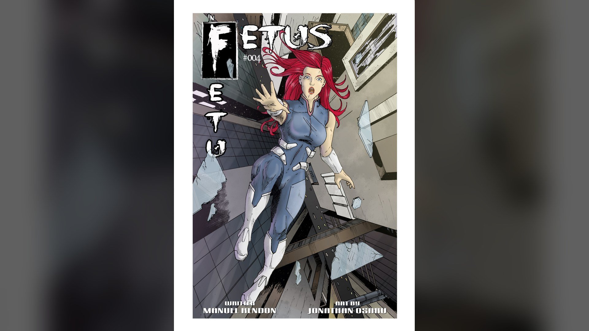 Cover art by Jonathan Osaru: Maddy, red hair streaming, reaches out as she falls through a city of towers