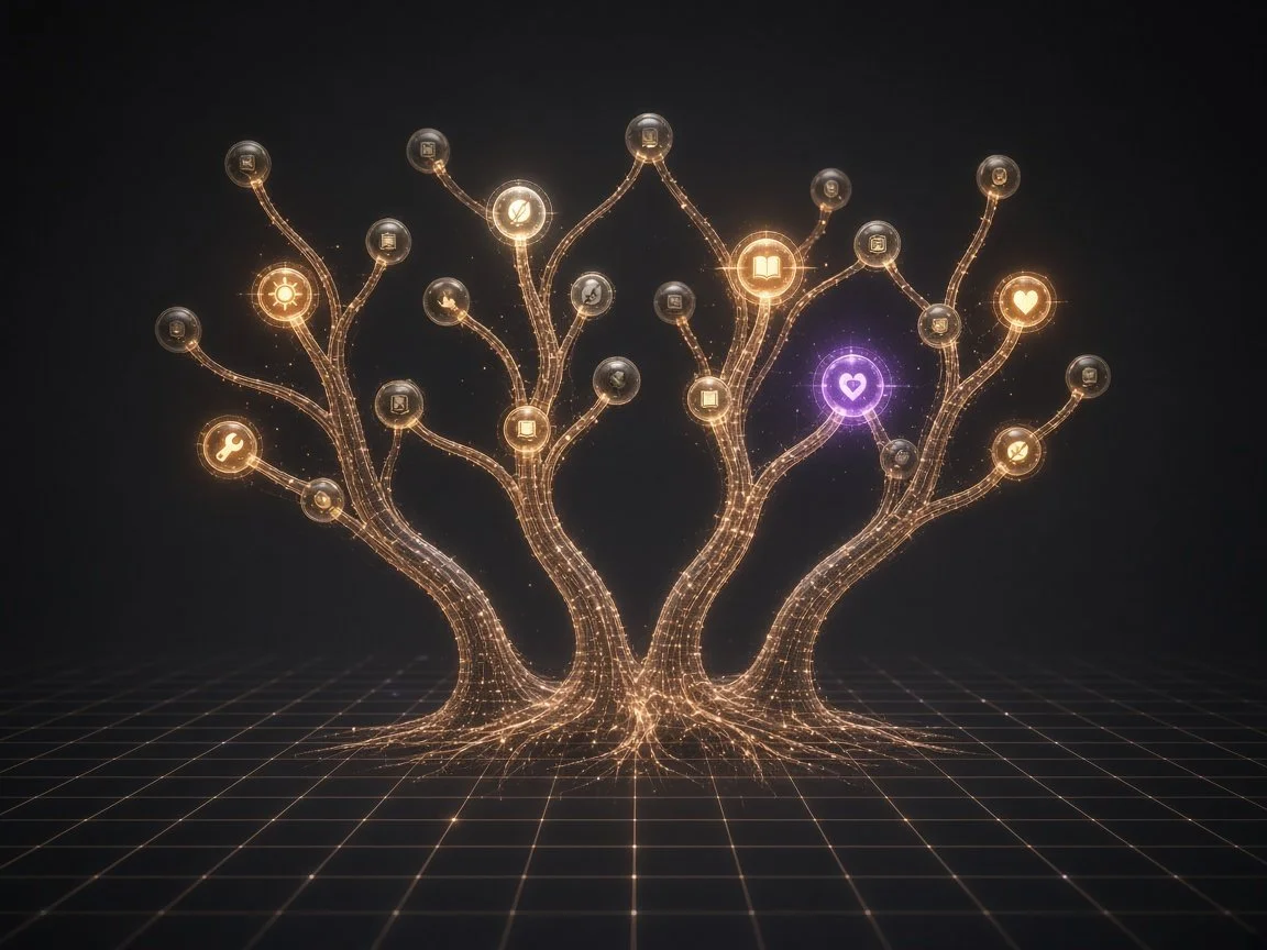 Holographic talent tree: lit nodes completed, violet node the next quest.