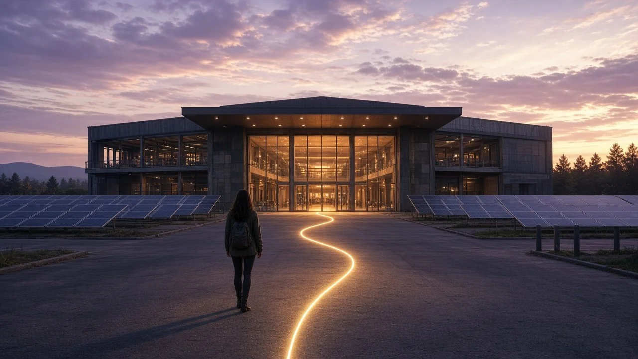 Day one: a newcomer follows a glowing quest path to the mall entrance at dawn.