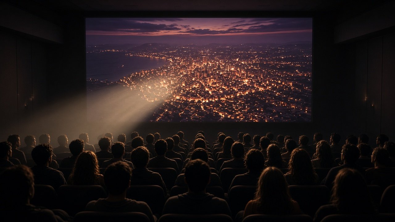 The film: an audience watches the founding of the city (fictional film).