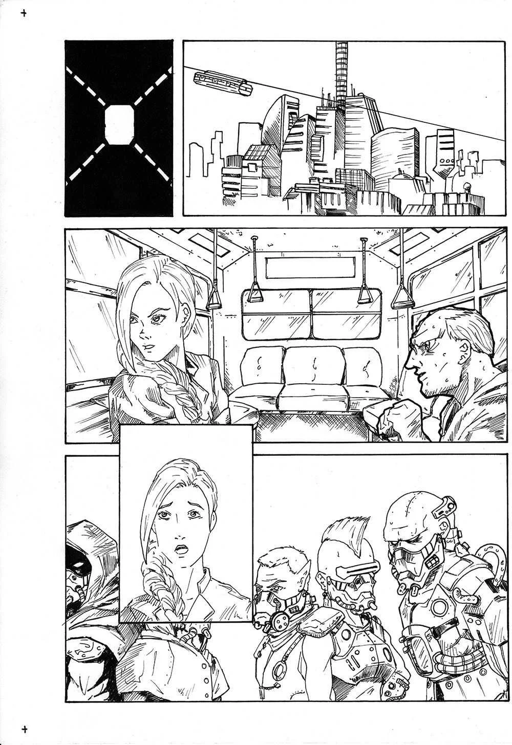 Inked page (2019 file): city skyline and transit car