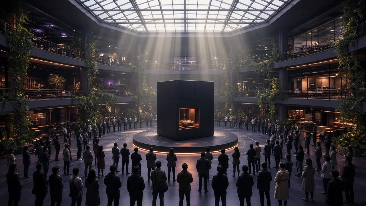 The atrium: an imagined Manifester on a plinth under the skylight (the device is in development; this is concept art).