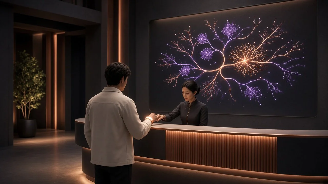 LifeQuest HQ: a newcomer receives a Level 0 badge in front of a glowing talent tree wall.