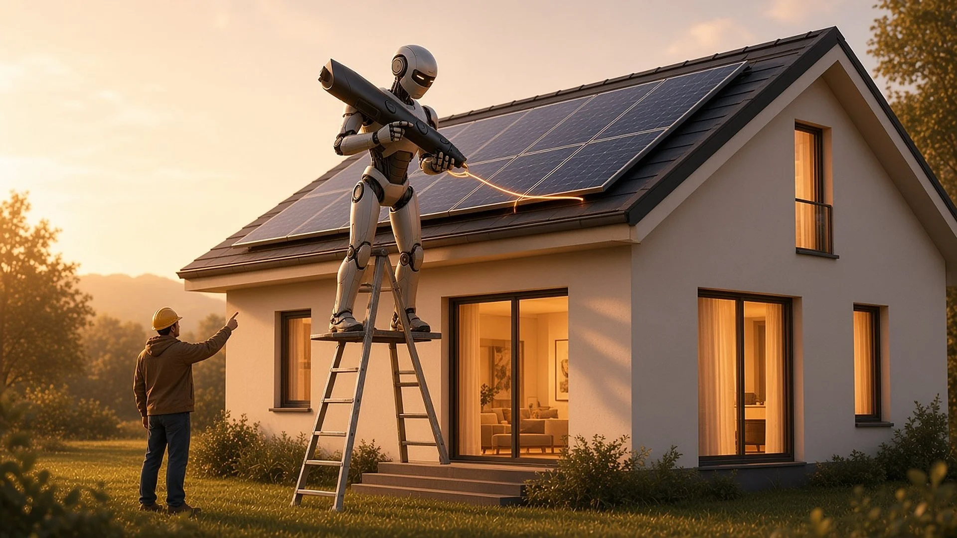 Concept art of a small house with a solar roof finished by a robot with a pen