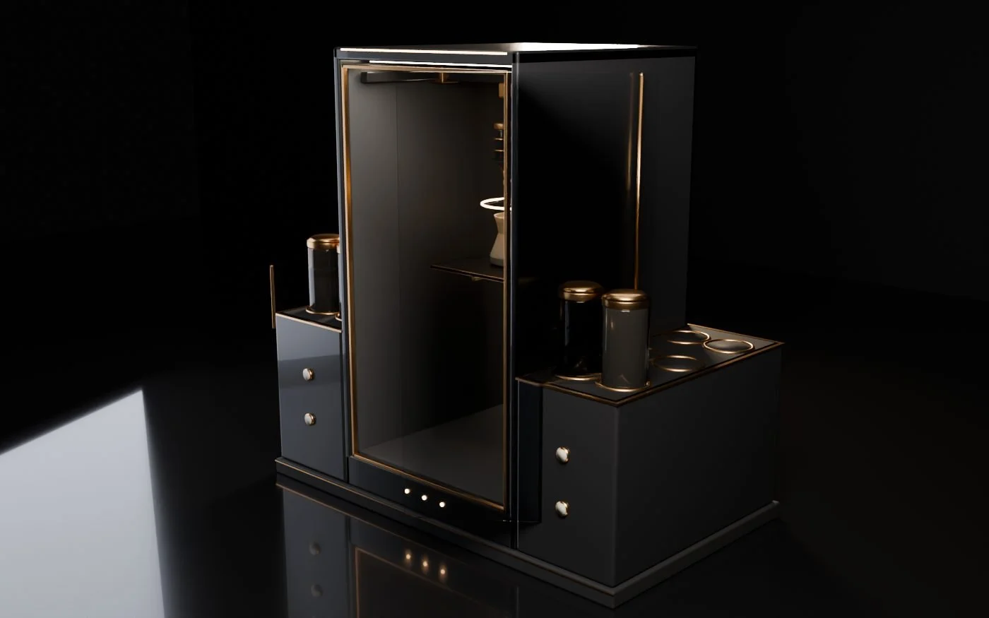 The Manifester seen from a three-quarter angle, floating above its reflection, with a glass front and three small lights below the glass.