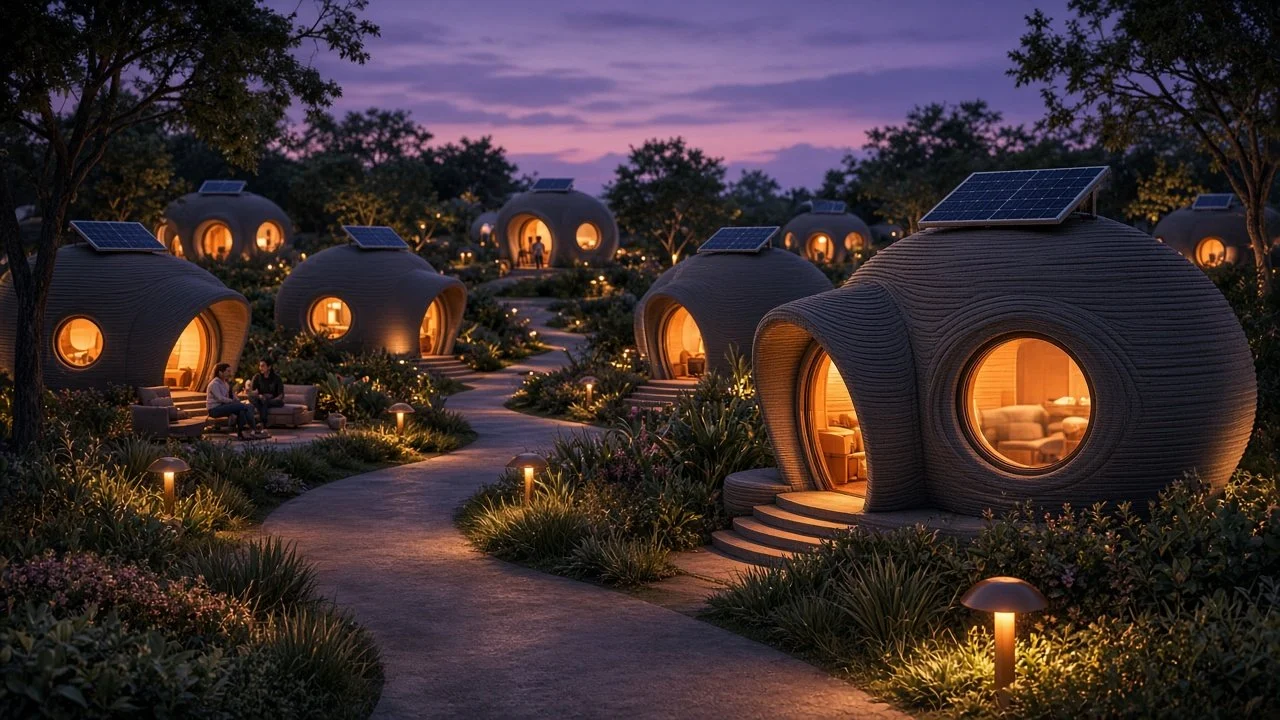 Living district: rounded printed capsule homes with rooftop solar at twilight.