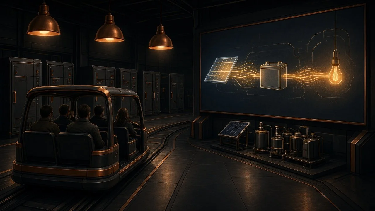 Concept render: a pod in the Energy Hall while a wall projection shows current flowing from a panel to a lamp, imagined.