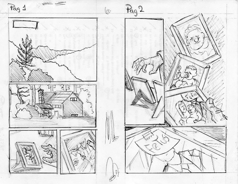 Sketch (2018 file): pencil layout for pages 1 and 2