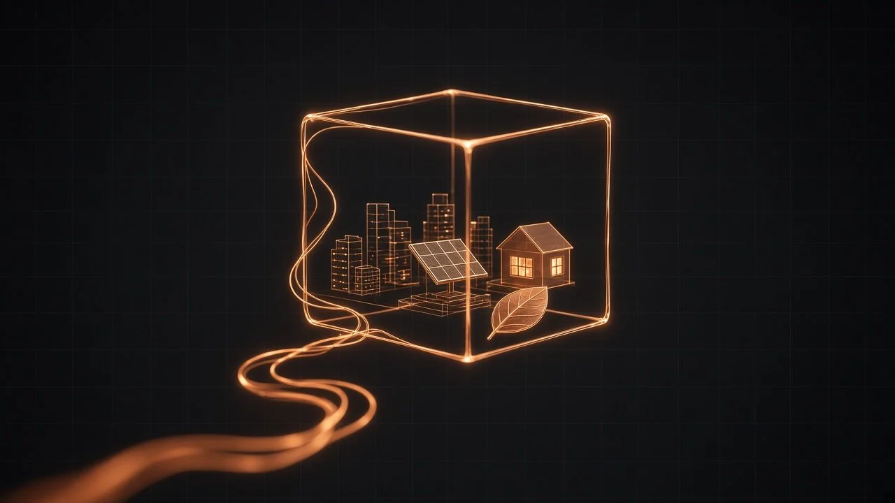 The first-principles idea: a single copper string folds into a cube that contains a city, a solar panel, a home and a leaf.