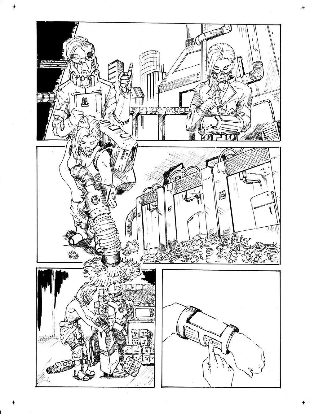 Inked page (2019 file): city and a hand with a device