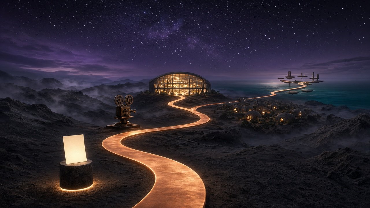 The staged path: paper, film, mall, community, ocean, stars.
