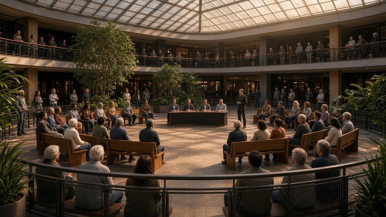 Open council in the old food court, recorded and public.