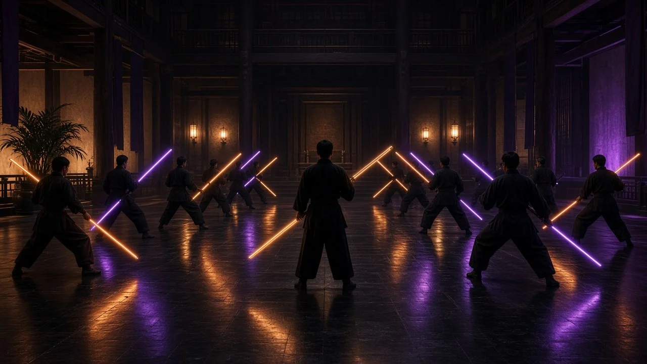 Discipline and play: generic training staffs (light-blade style, no branded props) in a night dojo; generic, unidentifiable figures.
