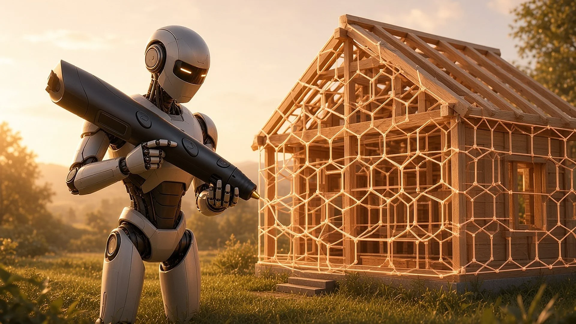 Concept art of a robot building a house wall with a pen