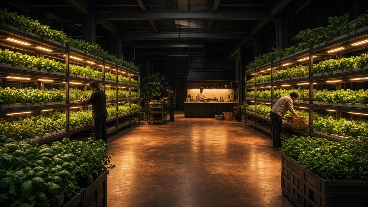 Grow Hall: a former store floor turned indoor farm feeding the cafeteria.