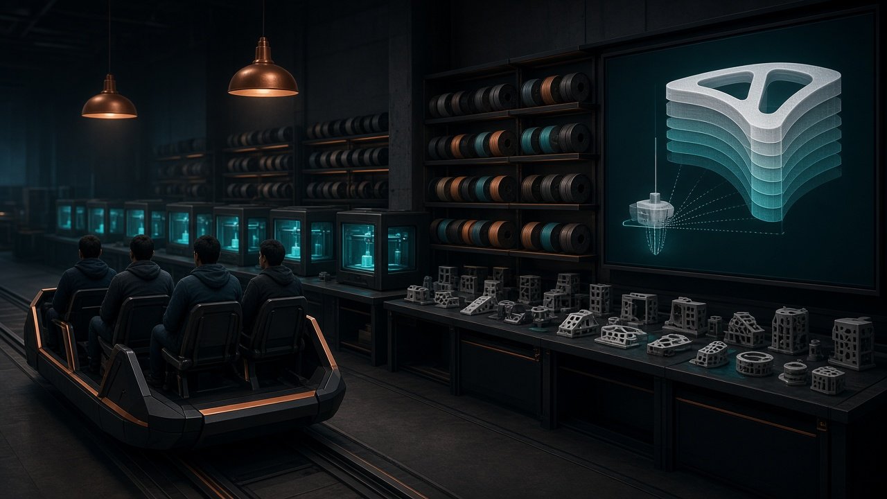 Concept render: a pod pausing in the Matter Lab while a wall screen shows a part being built, imagined.
