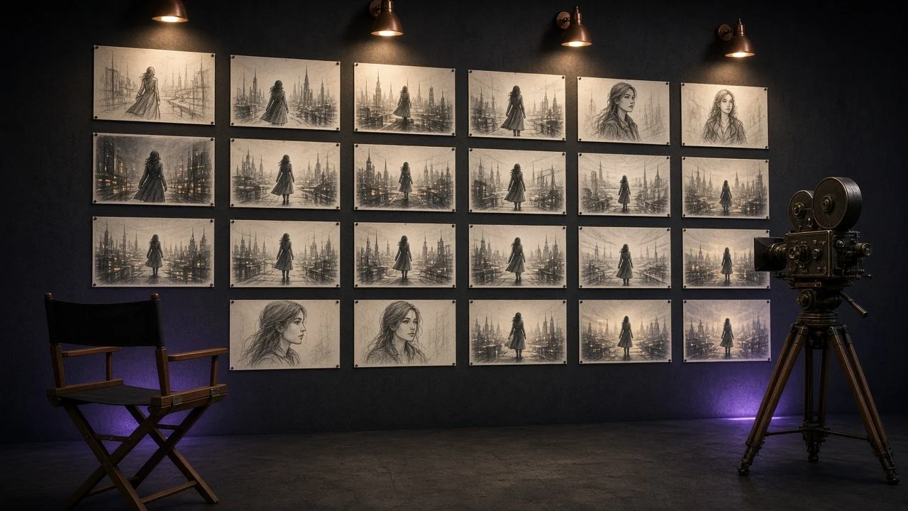 Narrative design: storyboards for the film about the founding (fictional heroine).