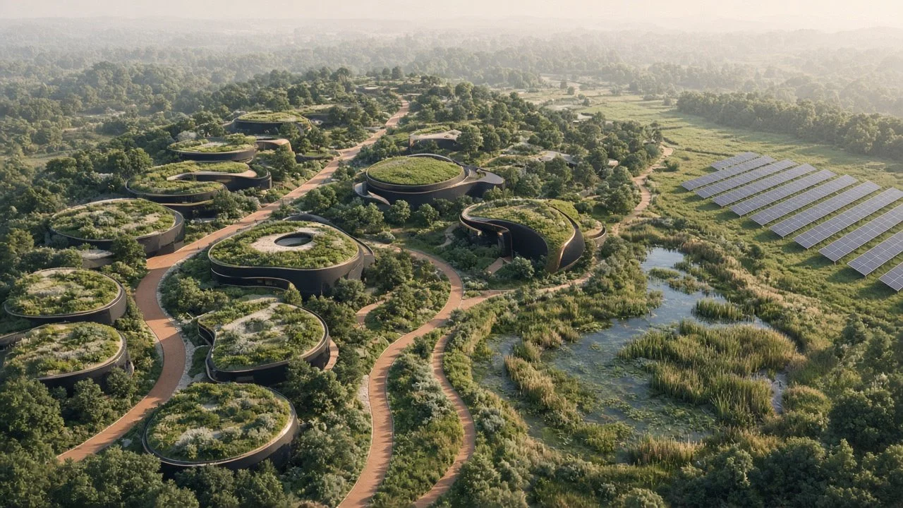 Urban design and ecology: a community on open land with wetlands and green roofs.