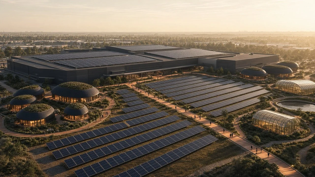 The mall beta at golden hour: roof and parking lot turned solar field, pavilions and greenhouses at the edges.