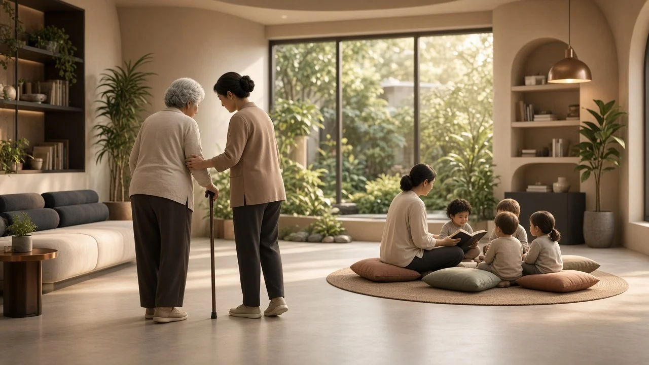 Care as infrastructure: elder support and a story circle for toddlers.