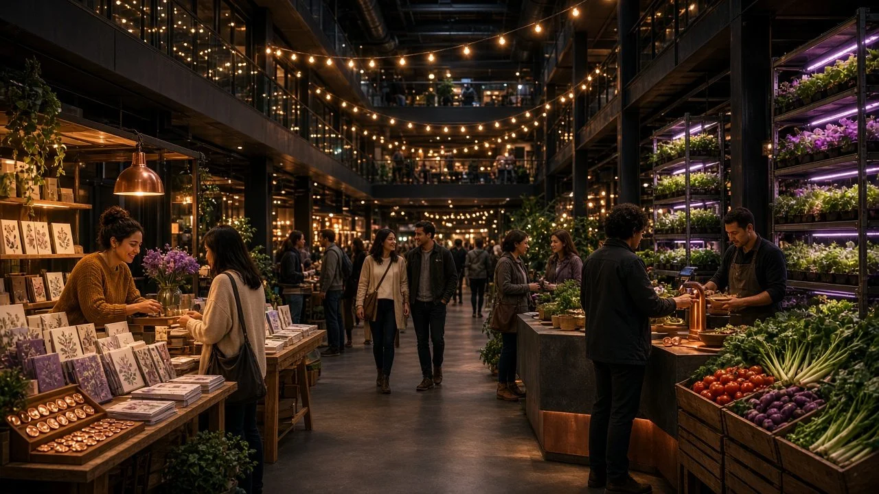 Evening market: goods and food made on site, paid with quest credits.