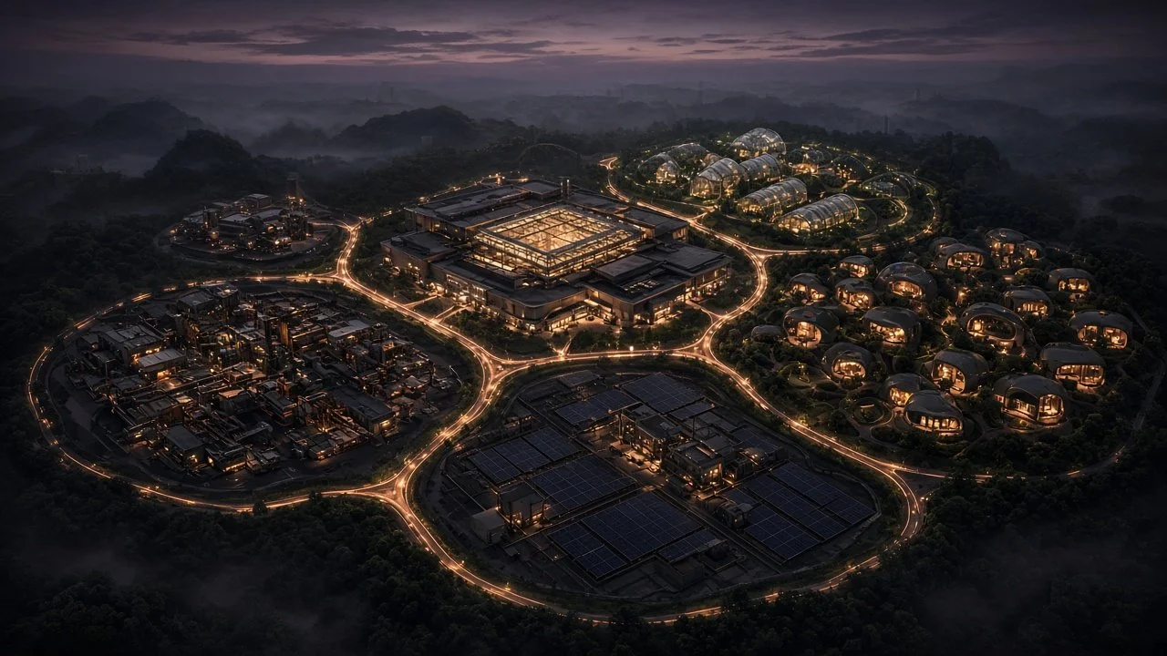 Aerial at dusk: a converted mall at the center of four districts and a solar field, copper paths tracing the map.