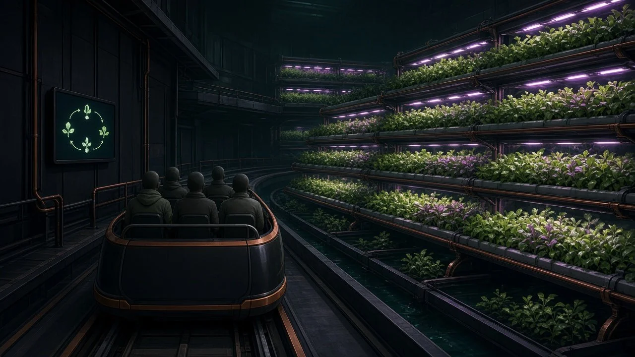 Concept render: a pod gliding past the Grow Hall beds, imagined.