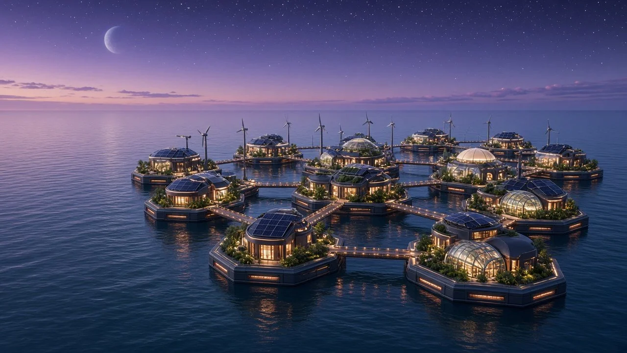 The ocean frontier: hexagonal floating modules with solar, greenhouses and wind.