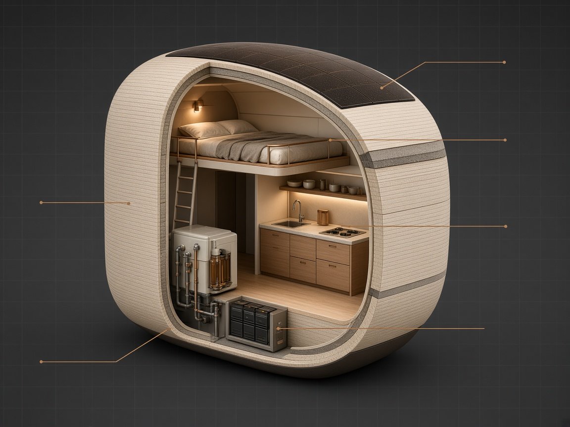 Capsule home cutaway: loft, kitchen, water unit, battery wall, solar skin (concept, not a specification).