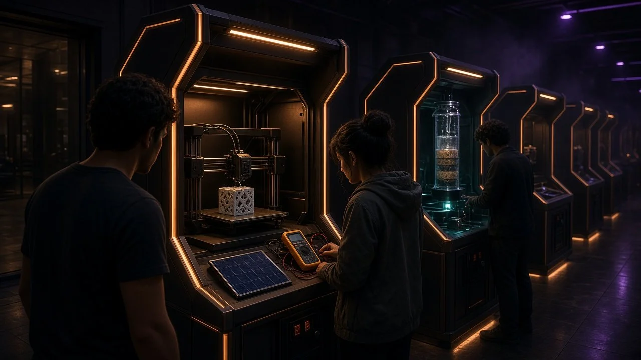 Arcade cabinets as quest stations: print an object, wire a solar panel, test a water filter.