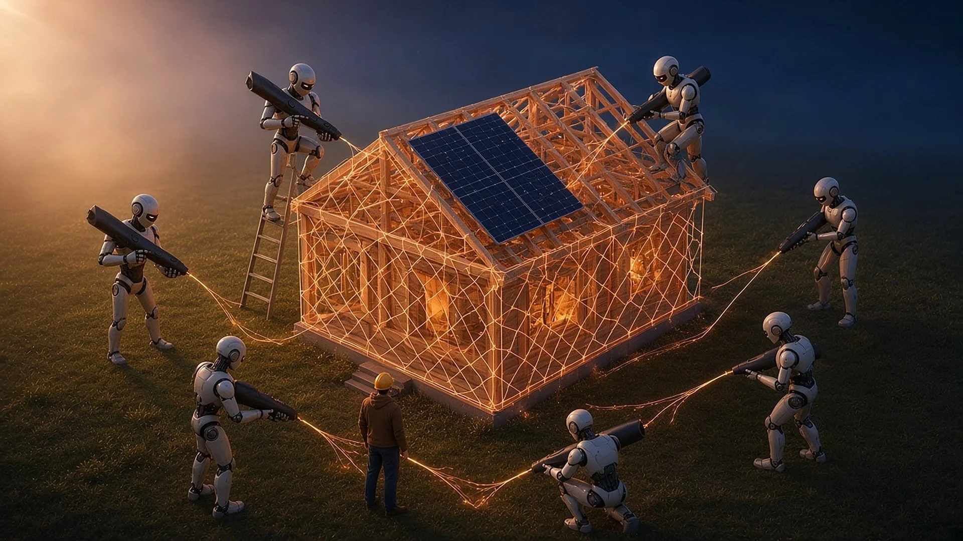Concept art of a second view of a robot building a house with a pen