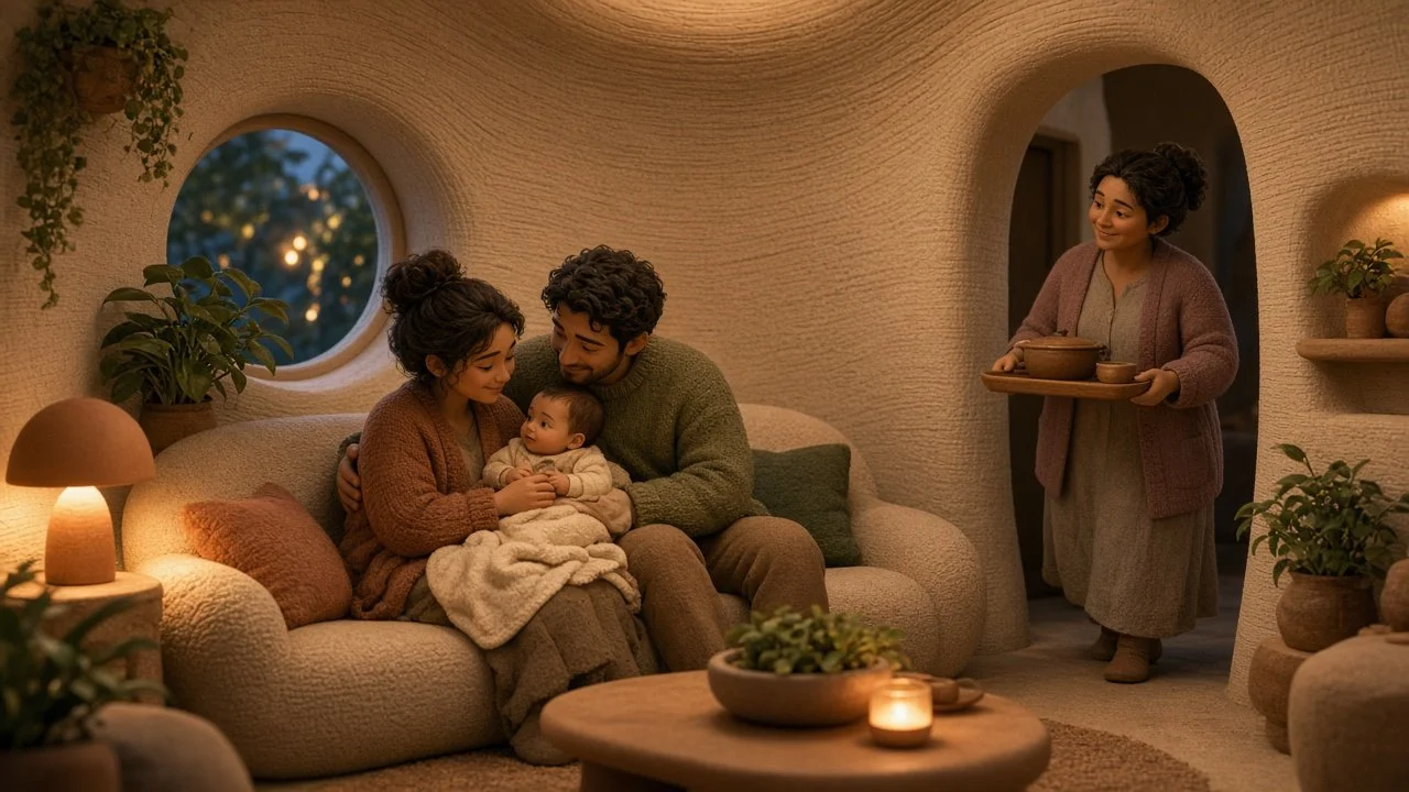 Family support: a neighbor brings dinner to new parents (fictional people).