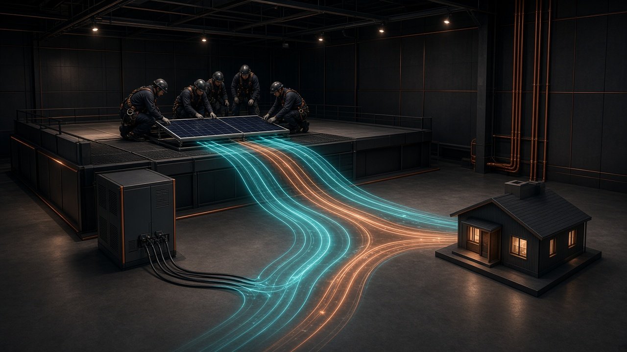 Energy Hall: trainees install a panel; floor projection shows current flowing to a model house.