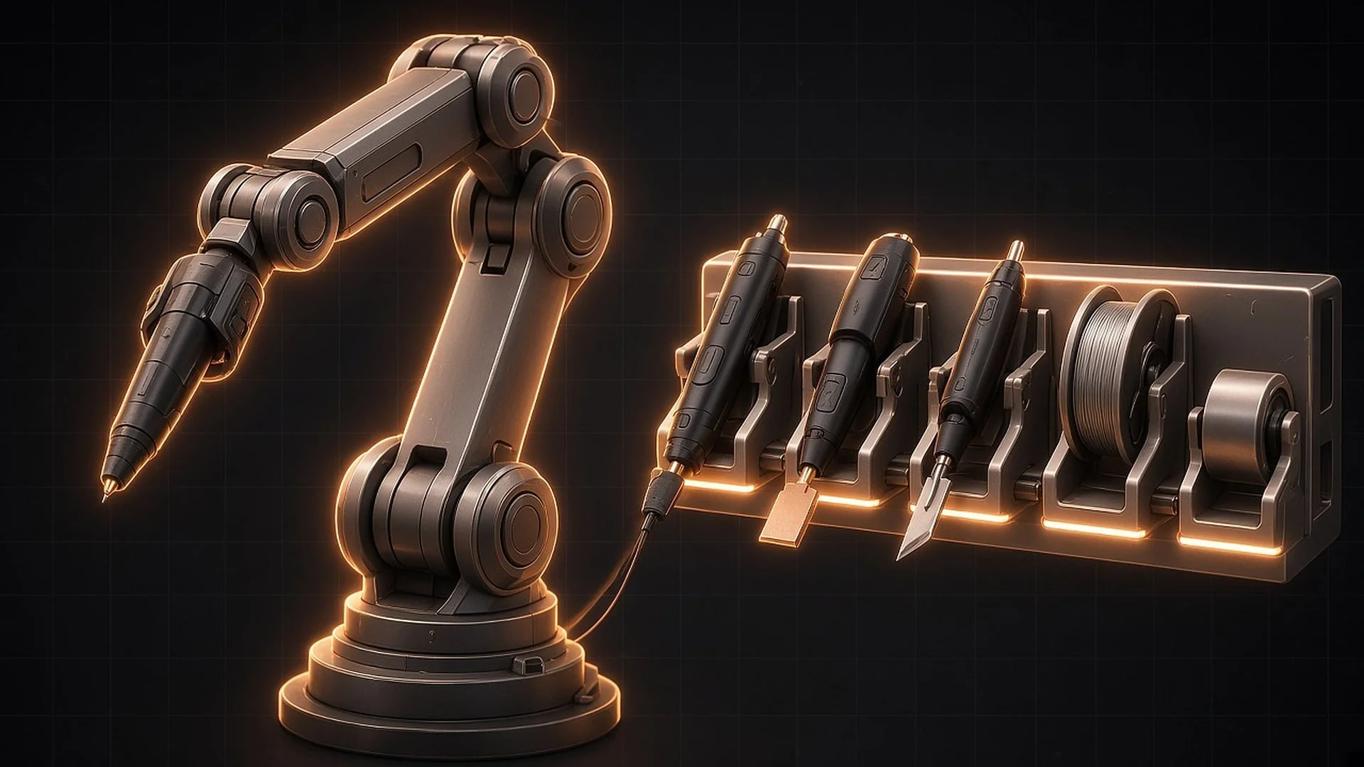Concept art of a robot arm with a rack of handheld tools