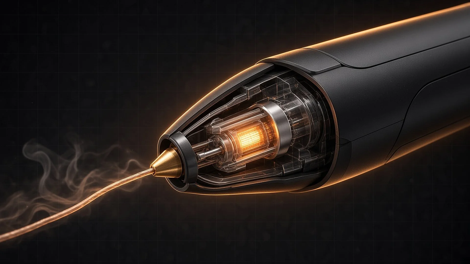 Cutaway rendering of the pen showing the heater, the adiabatic pressure chamber and the 0.8 mm nozzle