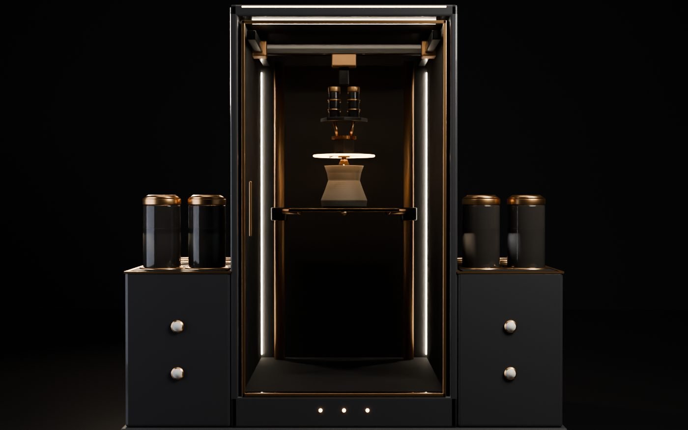 The Manifester from the front: a tall glass cabinet with soft light strips, a printed vase on the table inside, and sealed cartridges resting on a wing at each side.
