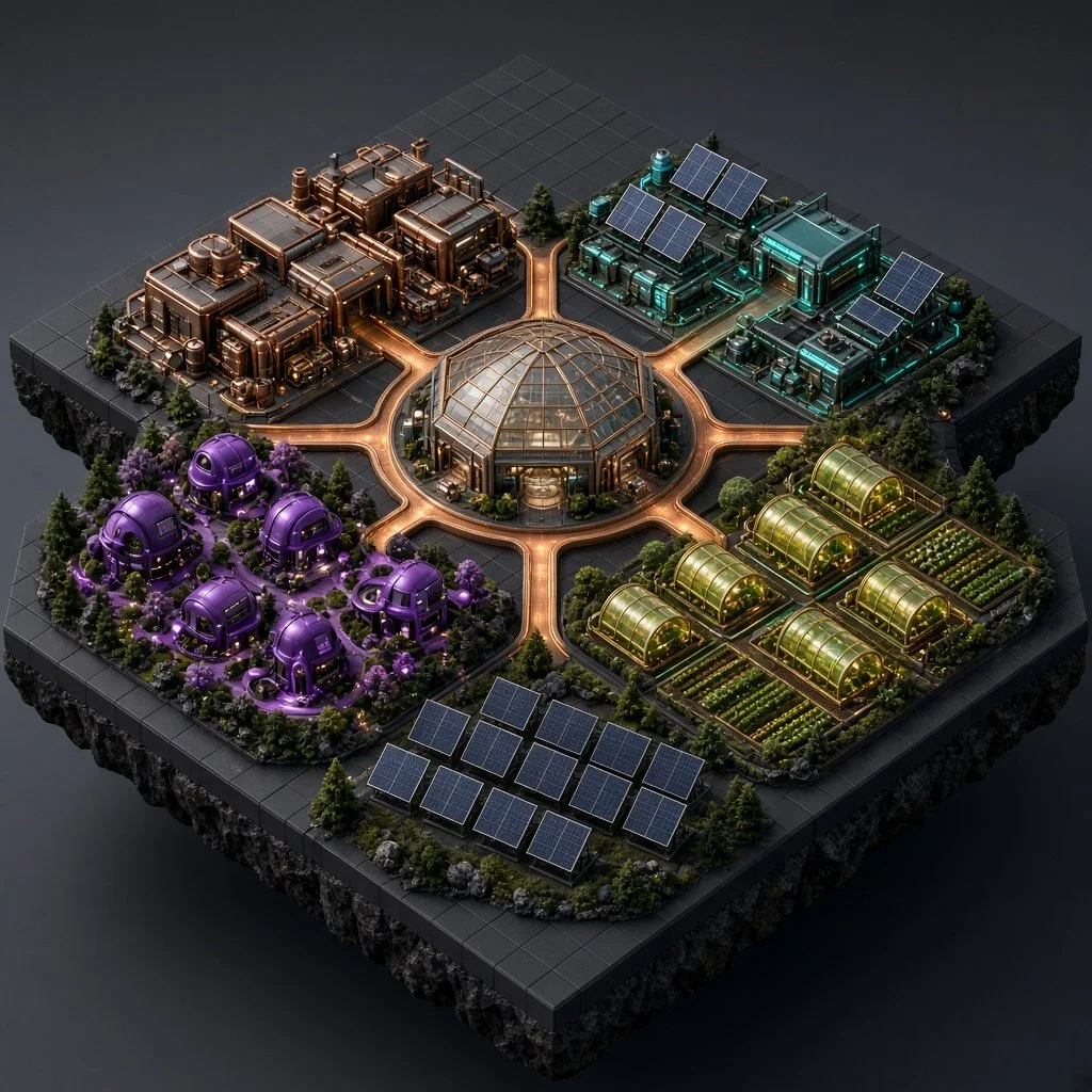 Isometric world map: hub atrium, Matter, Energy, Grow and Living districts, solar field.
