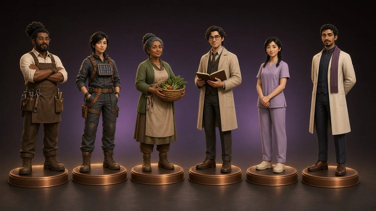 Character select: Maker, Energy technician, Grower, Teacher, Caregiver, Mediator (fictional characters).