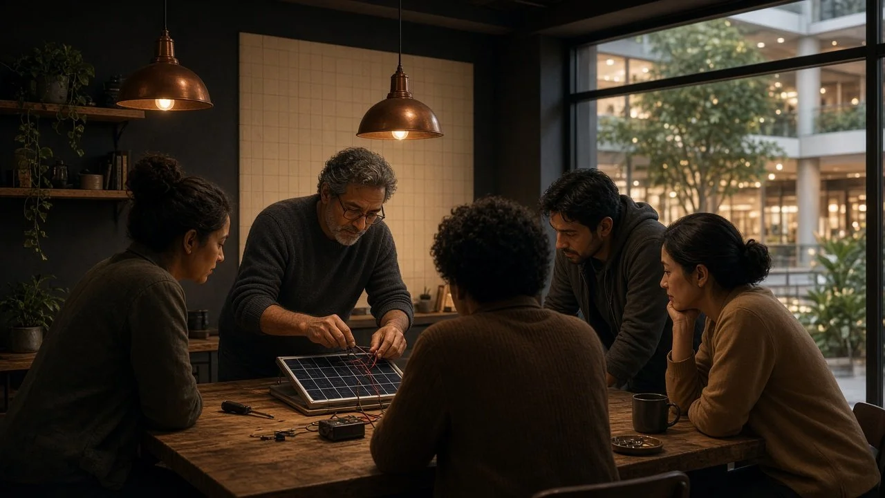 Teaching quest: a mentor shows newcomers how to wire a small solar panel.