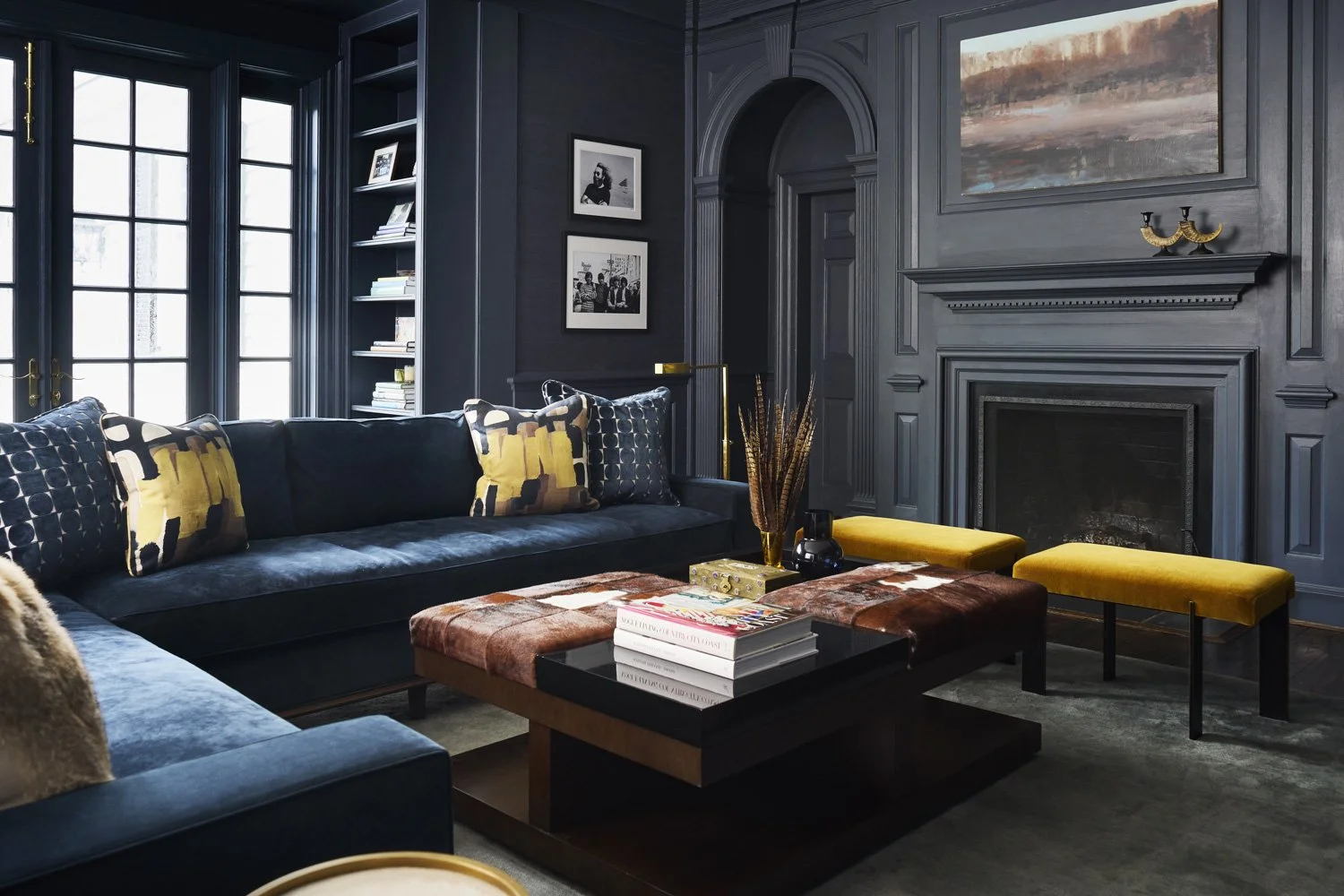 editorial-living-room-interior-design-photography-charcoal-walls-fireplace-by-kip-dawkins
