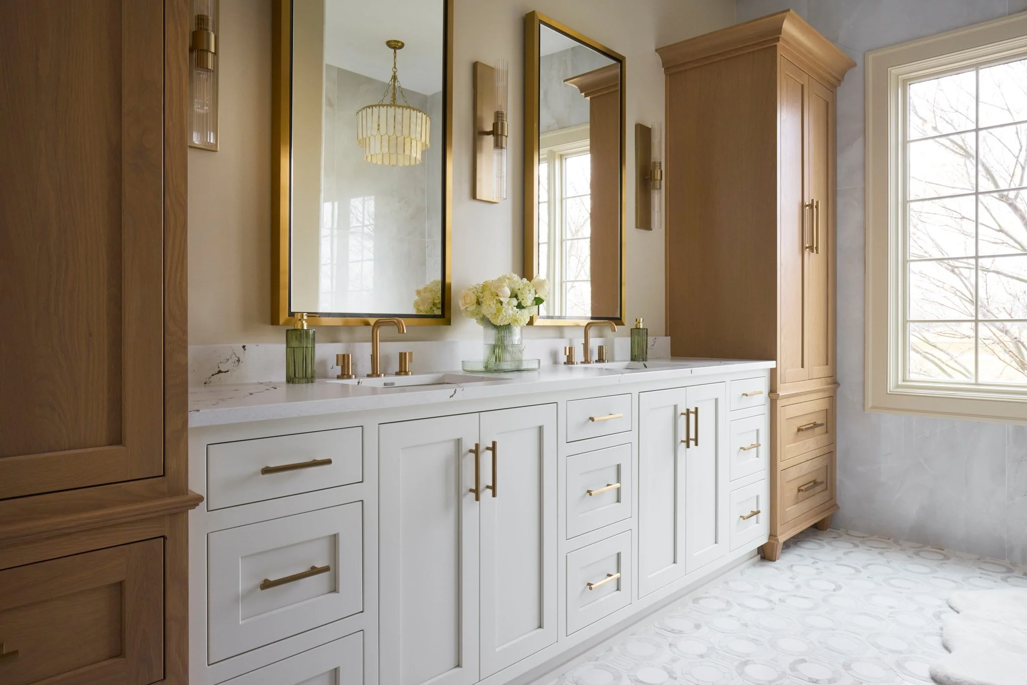 luxury-bathroom-interior-design-photography-white-double-vanity-gold-mirrors-by-kip-dawkins