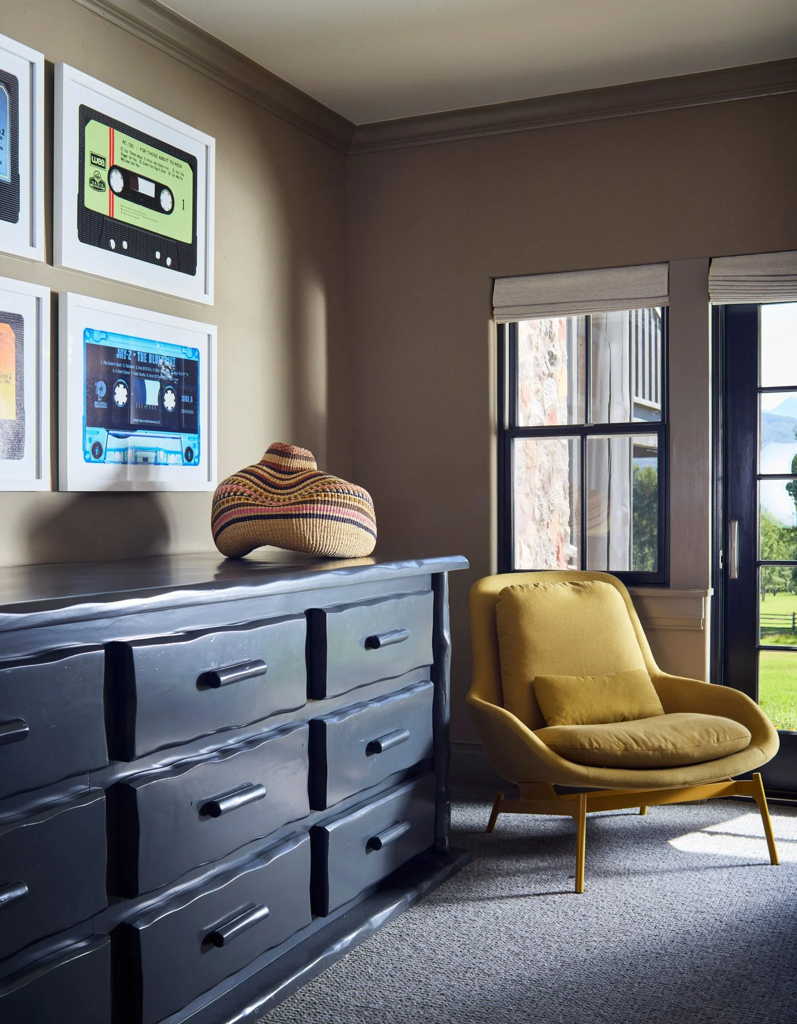 editorial-residential-interior-photography-black-dresser-yellow-velvet-chair-by-kip-dawkins